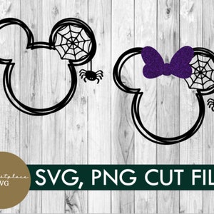 May include: Two black and white outline Mickey Mouse head silhouettes with spiderwebs and spiders. The silhouette on the right has a purple bow.