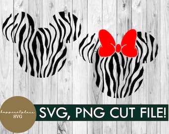 May include: A pair of black and white zebra print Mickey Mouse ears, one with a red bow. SVG, PNG cut file.
