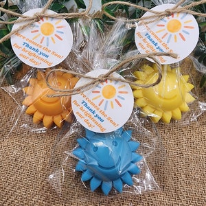May include: Three small sun-shaped favours wrapped in clear cellophane bags with twine bows. Each favour has a round tag attached with the text "Here comes the Son! Thank you for brightening our day!"