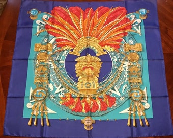 Large Vintage 1991 Hermes Silk Scarf Mexique Signed Cathy Latham Excellent