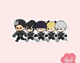 May include: Five cartoon characters in black and white outfits with green accents are running in a line. The characters have different hairstyles and expressions. The characters are on a white background.