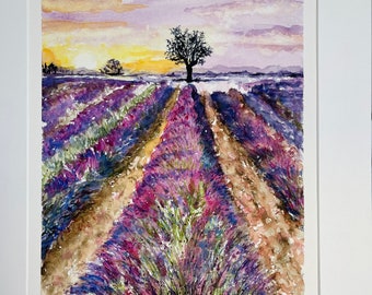 Lavender field original watercolor “Lavender fields” / Original watercolor / Sunset/ Sunlight