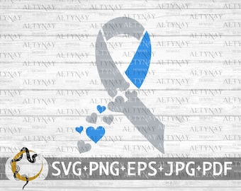 May include: A digital design featuring a ribbon in shades of gray and blue, adorned with a series of hearts. The design includes the text "SVG+PNG+EPS+JPG+PDF" at the bottom, with the "ALTYNAY DESIGNS" watermark repeated across the background.