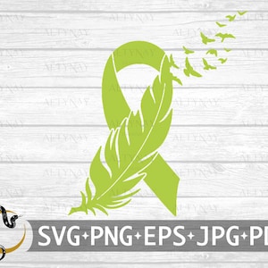 May include: Green ribbon with a feather and a flock of birds flying away. The ribbon is a symbol of hope and remembrance.