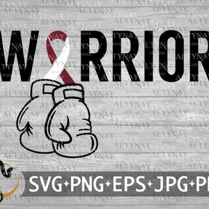 May include: Black and white graphic design of boxing gloves with a maroon and white ribbon. The text "WARRIOR" is in black letters.