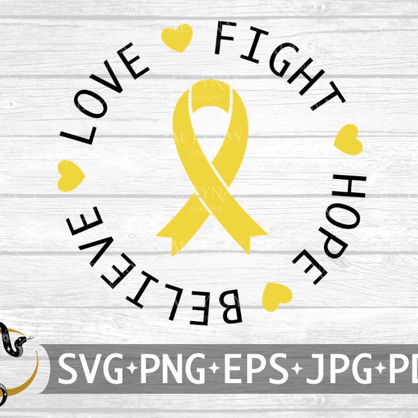 Sarcoma Cancer Fight Hope Believe Love SVG, Sarcoma Cancer Awareness Ribbon SVG, Yellow Cancer Ribbon, Bone Cancer Ribbon, Cricut Silhouette