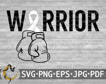 May include: Black and white graphic design with the word "Warrior" in bold letters. A white ribbon is to the left of the word. Two boxing gloves are below the word. The background is a wood grain pattern.