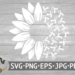 Fita de coração de câncer de pulmão de girassol SVG, fita de câncer de pulmão SVG, SVG de conscientização sobre câncer de pulmão, fita de câncer branco, arquivo Cricut Silhouette