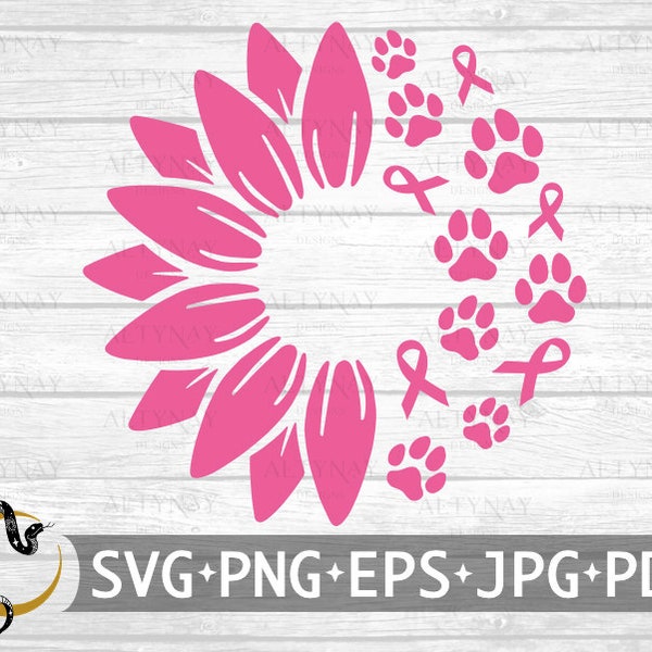 Sunflower Breast Cancer Dog Paw SVG, Pink Cancer Ribbon, Breast Cancer Awareness SVG, Cute Breast Cancer svg file for Cricut Silhouette