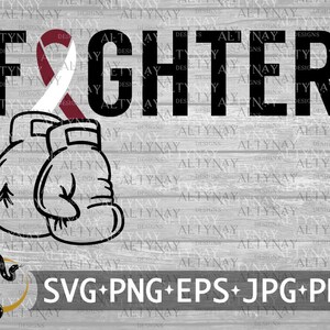 May include: Black and white graphic design of boxing gloves and a pink ribbon with the word "FIGHTER" in black letters. The design is on a woodgrain background.
