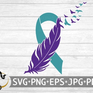 May include: Teal ribbon with a purple feather and a flock of birds flying away. The ribbon and feather are a symbol of hope and remembrance. SVG+PNG+EPS+JPG+PDF