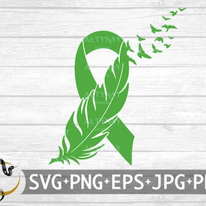 May include: Green ribbon with a feather design and a flock of birds flying away. The ribbon is a symbol of hope and support.