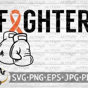 May include: Black and white illustration of a boxing glove with an orange ribbon. The text "FIGHTER" is in black letters above the boxing glove. The image is on a white wood background.