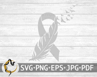 Brain Cancer Feather Ribbon SVG, Brain Cancer SVG, Brain Cancer Feather Awareness Ribbon SVG, svg cut file to use for Cricut Silhouette