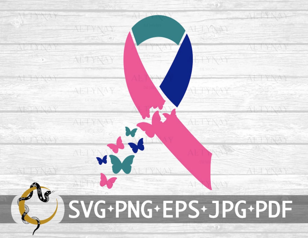 Thyroid Cancer Butterfly Ribbon SVG, Thyroid Cancer Awareness SVG, Blue