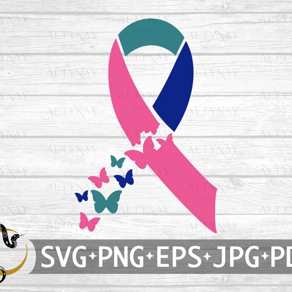 Thyroid Cancer Butterfly Ribbon SVG, Thyroid Cancer Awareness SVG, Blue - Pink - Teal Cancer Ribbon, svg Cricut Silhouette