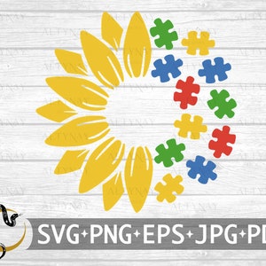 Autisme bewustzijn zonnebloem puzzel SVG, autisme bewustzijn puzzel SVG, autisme bewustzijn maand, autisme bewustzijn SVG-bestand voor Cricut silhouet