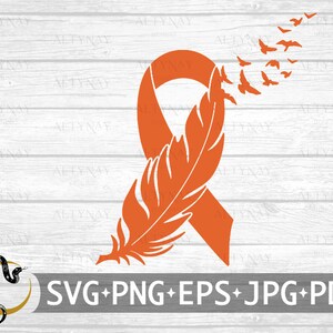 May include: An orange ribbon with a feather design and a flock of birds flying away. The ribbon is a symbol of support and hope.