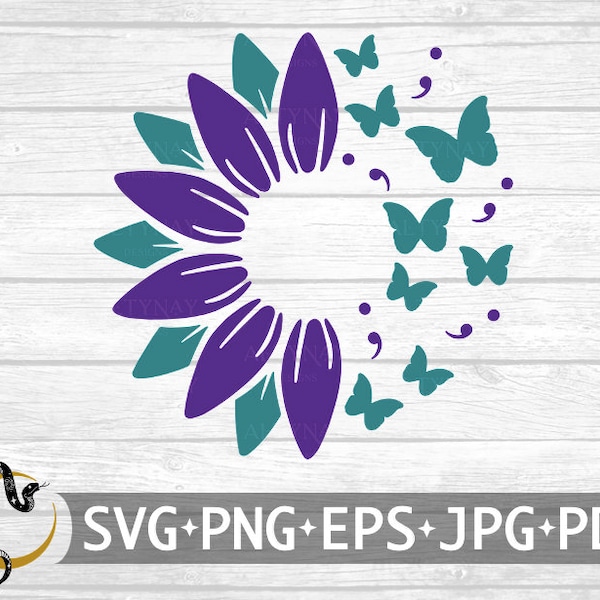 Suicide Awareness Sunflower Butterfly Semicolon SVG, Suicide Awareness Sunflower SVG, Suicide Awareness Butterfly SVG, svg Cricut Silhouette