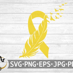 肉腫がんフェザーリボン SVG、肉腫がん啓発 SVG、黄色いがんリボン、骨がんリボン、Cricut シルエット用 SVG