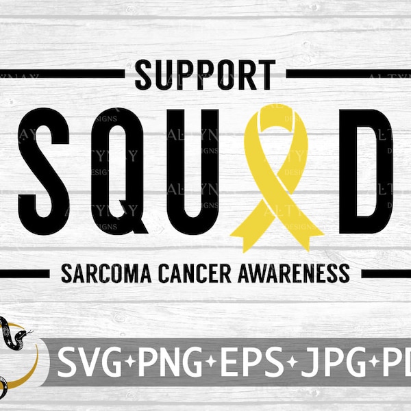 Support Squad Sarcoma Cancer SVG, Sarcoma Cancer Awareness Ribbon SVG, Yellow Cancer Ribbon, Bone Cancer Ribbon, svg for Cricut Silhouette