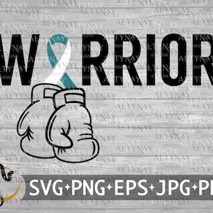 May include: Black and white graphic design of boxing gloves with a teal ribbon and the word "WARRIOR" in black. The design is on a woodgrain background.