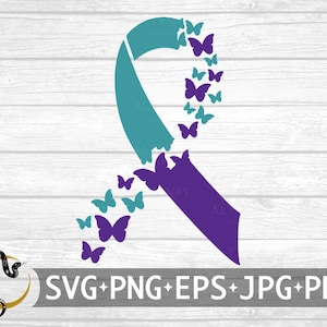Puede incluir: Cinta turquesa y morada con un rastro de mariposas moradas.  SVG+PNG+EPS+JPG+PDF