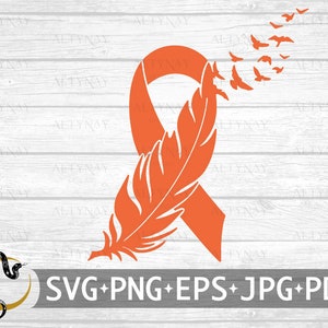 May include: Orange ribbon with a feather and a flock of birds flying away. The ribbon is a symbol of awareness and support for a cause. SVG+PNG+EPS+JPG+PDF