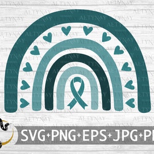 Ovarian Cancer Boho Rainbow Ribbon SVG, Ovarian Cancer Awareness, Ovarian Cancer Support, Teal Cancer Ribbon svg, svg file Cricut Silhouette