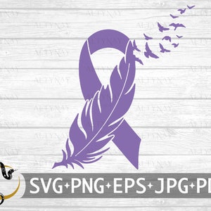フェザー キャンサー リボン SVG、オール キャンサー リボン アウェアネス SVG、ラベンダー キャンサー リボン、フェザー バード オール キャンサー クリカット シルエット