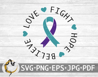 Może przedstawiać: Turkusowa i fioletowa wstążka z napisem "Love Believe Fight Hope" wokół niej. Wokół wstążki znajdują się małe turkusowe serduszka.