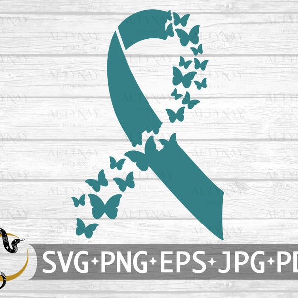 Ovarian Cancer Butterfly Ribbon SVG, Ovarian Cancer Awareness SVG, Teal Cancer Ribbon, Ovarian Cancer Ribbon, svg file for Cricut Silhouette