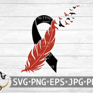 May include: Black ribbon with a red feather and a flock of black birds flying away. The ribbon is a symbol of awareness and support. The feather represents hope and freedom. The birds represent the spirit of those who have passed away.