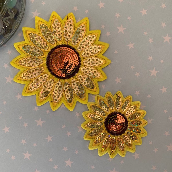 Large or Small Yellow Sequin Sunflower  Iron-On/Sew-On Patch - Ships with USPS Tracking