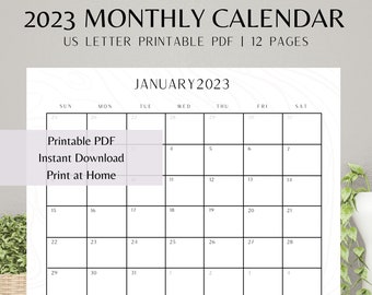 2023 Printable Monthly Calendar Landscape, 12 Month Calendar, Minimalist Monthly Calendar 2023, A4/Letter Size.