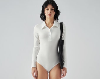 Bodysuits for Women Collared Neck Design - Long Sleeve Winter Fall Bodysuit -  - Minimalist & Sustainable  - Fitted T-shirt - Women's Blouse