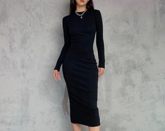 Midi Pencil Dress, Below The Knee Fitted Dress, Reception Dress, Wedding Guest Dress, Elegant Dresses in 3 colours, Long Sleeves