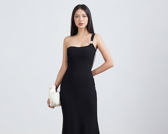 Black Asymmetrical Dress, Stunning Dress, Elegant Dress, Prom Dress, Wedding Guest, Birthday Dress, Sexy Formal Dress, Summer Midi Dress VLV