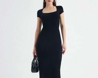 Short Sleeve Midi Dress, Wedding Guest Outfits, Elegant Dress, Evening Dress, Soft & Minimalist, Sexy Dress, Square Neck Dress VNT5