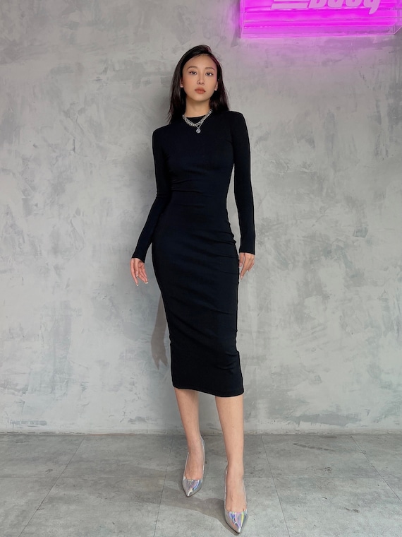 Midi Pencil Dress, Below the Knee Fitted Dress, Reception Dress, Wedding  Guest Dress, Elegant Dresses in 3 Colours, Long Sleeves -  Canada