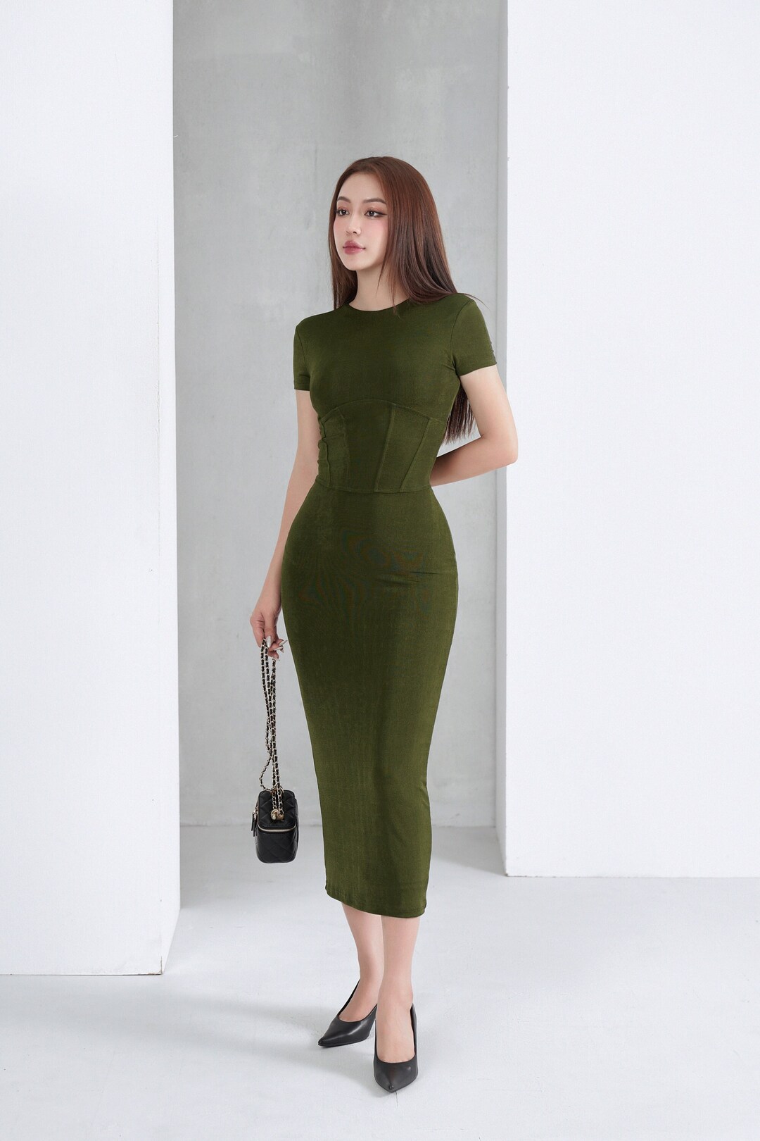 Lime Green Bandeau Double Layered Corset  Bodycon Midi Dress main image 1