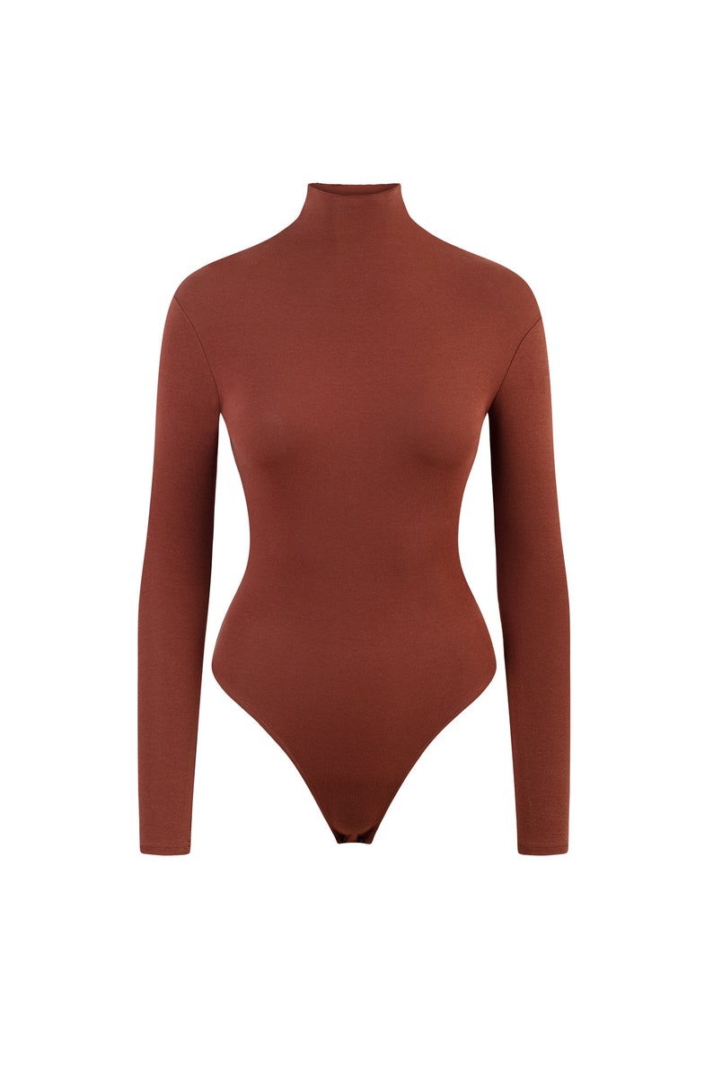 Fitted Turtleneck Top, High Neck Top, Long Sleeve Top, Fitted Long Sleeve Tee Brown