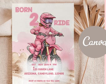 Born 2 Ride Birthday Invitation Girl | Pink Dirt Bike Party Invite | Motocross Birthday Template | Editable Girl Biker Invite