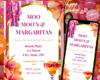 May include: A vibrant collage featuring a heart-shaped cake with pink and orange frosting, a party invitation with the text "Moo Moo's & Margaritas", and colorful floral arrangements. A phone displays the invitation.