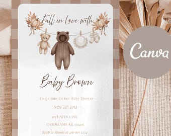 Fall in Love Baby Shower Invitation | Fall Pumpkin Baby Shower Invite | Neutral Autumn Baby Shower Canva Template