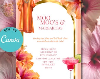 Girls Night Invitation Template | Moo Moos & Margaritas Bridal Shower Invite | Editable Canva Template | Instant Download