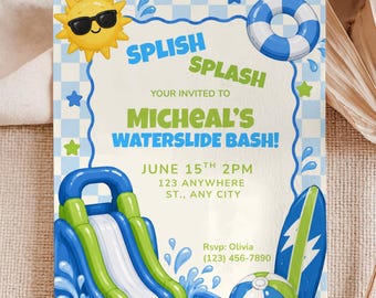 Waterslide Birthday Invitation, Splash Splash Pool Party Invite, Boy Summer Birthday Canva Template, Editable Water Slide Party Invitation