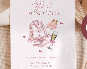 PJs and Prosecco Party Invitation | Pink Pajama Girls Night Invite | Editable 5x7 Canva Template | Digital Download