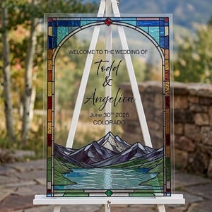 Faux Stain Glass Wedding Template, Mountain Wedding Welcome Sign Template, DIY Stain glass decor