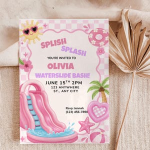 May include: A rectangular invitation card with a light pink checkered background featuring a pink inflatable waterslide, a smiling sun with heart sunglasses, a floral float, a palm tree, a heart float, a starfish, and a beach ball. Text reads: SPLISH SPLASH YOU'RE INVITED TO OLIVIA WATERSLIDE BASH! JUNE 15TH 2PM 123 ANYWHERE ST., ANY CITY Rsvp: Jennah (123) 456-7890.
